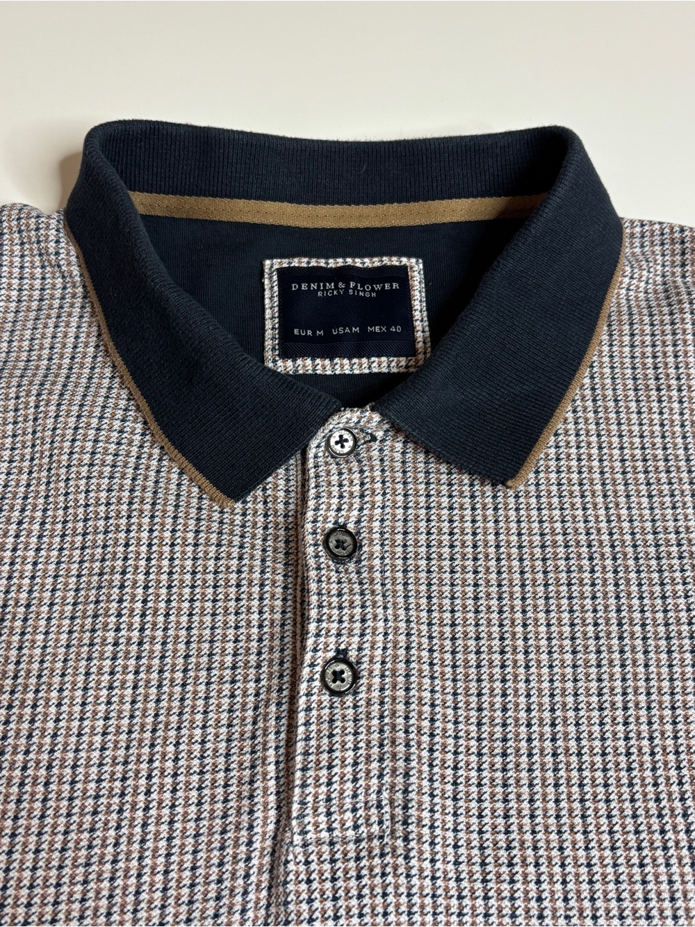 Denim & Flower Ricky Singh Preppy Mod Houndstooth Polo Shirt M - Picture 3 of 10